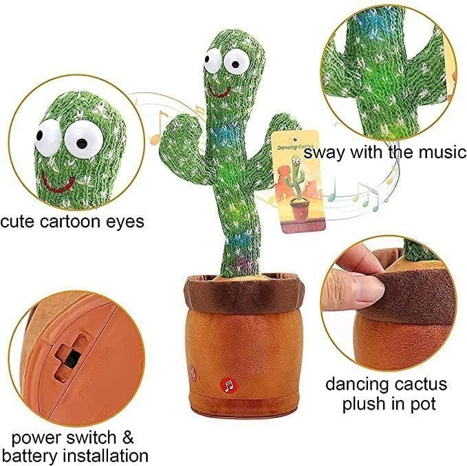Dancing Cactus Repeats What You Say,Electronic Plush Toy with Lighting,Singing Cactus Recording and Repeat Your Words for Education Toys (Green)