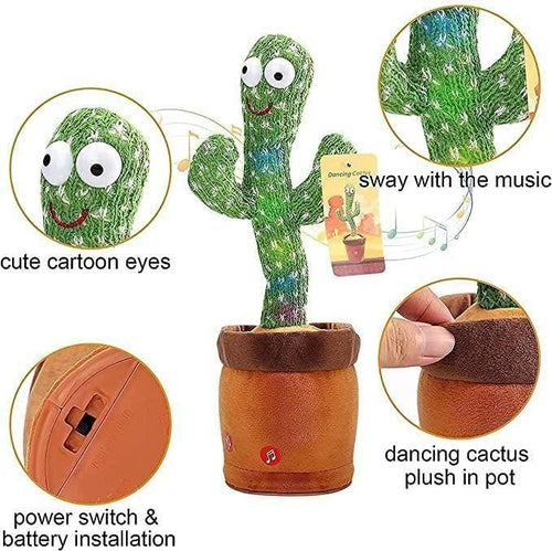 Dancing Cactus Repeats What You Say,Electronic Plush Toy with Lighting,Singing Cactus Recording and Repeat Your Words for Education Toys (Green)
